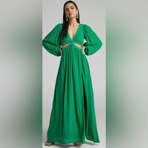 PAIGE SIDE CUT OUT BALLOON SLEEVE MAXI DRESS IN GREEN
